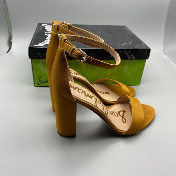 Sam Edelman Sz 10 Mustard Yellow Strappy Block Yaro Heel Satin Wedding Guest - Picture 4 of 9
